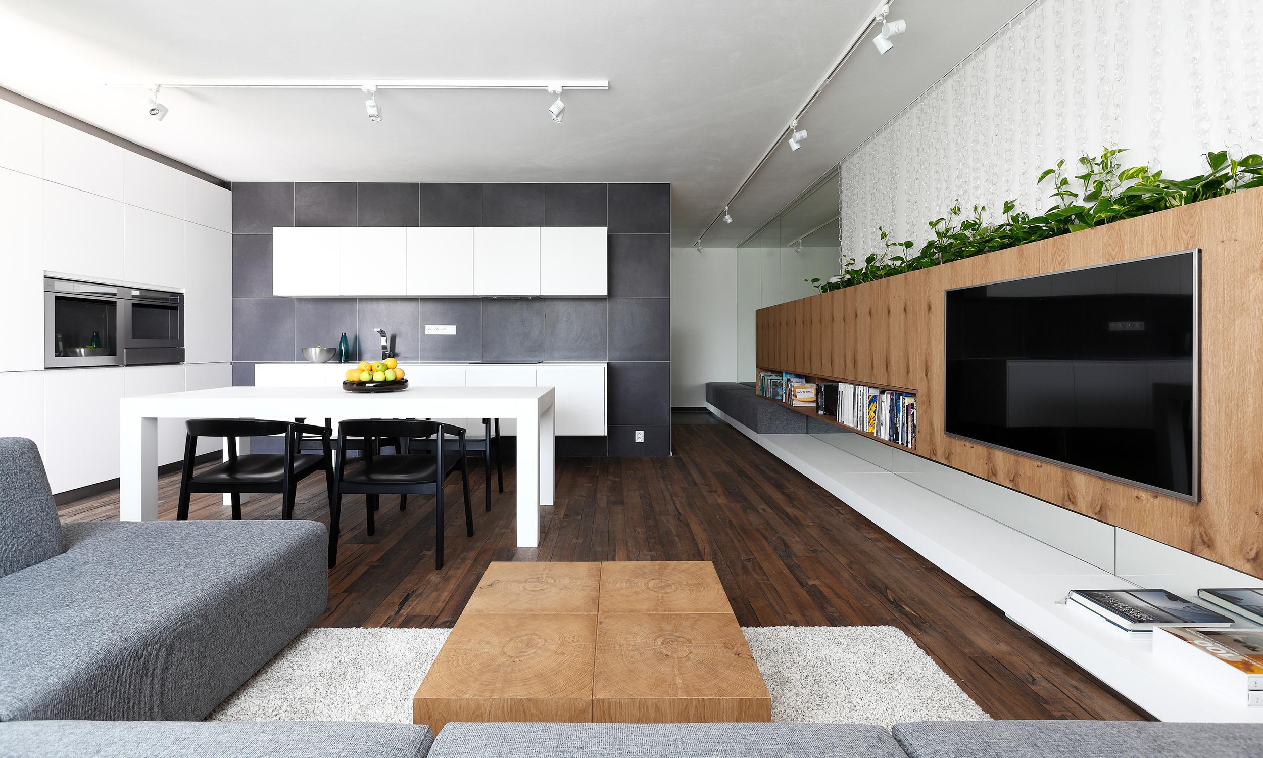 Innenarchitektur aus einem wohnzimmer mit küche und esszimmer ...